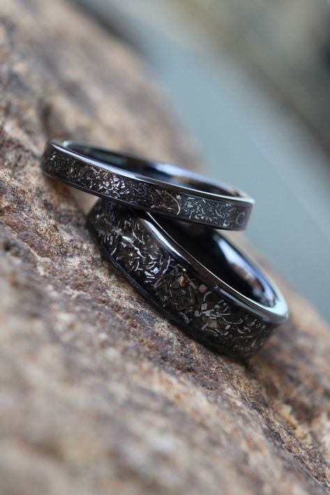 NEW DESIGN Meteorite and titanium ring set | beautiful & special jewellery | handmade and bespoke  wedding ring set | titanium carbide (ceramic) ~ There are billions of people in this world but there is & forever will be only one you!  ~ Just as there are billions of rings in this world...there is & will forever be only one us! ~ Awadicreates proudly and passionately create and handcraft all of our stunning rings over hours of work dedicated by hand and eye to leave you with a finished result of Mens Wedding Bands Vintage, Her Wedding Rings, Engagement Rings For Her, Wedding Rings For Him, His And Hers Ring, Set Engagement Rings, Meteorite Wedding Rings, Rings For Him, Ring Set Engagement