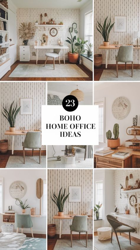 Transform your office into a serene space with these boho home office designs. Think natural textures, macramé wall art, and cozy rugs for a relaxed, inspiring vibe. Boho Home Office Ideas, Modern Boho Office, Cozy Boho Home, Boho Home Office, Tan Walls, Home Office Designs, Boho Office, Boho Space, Cozy Rugs