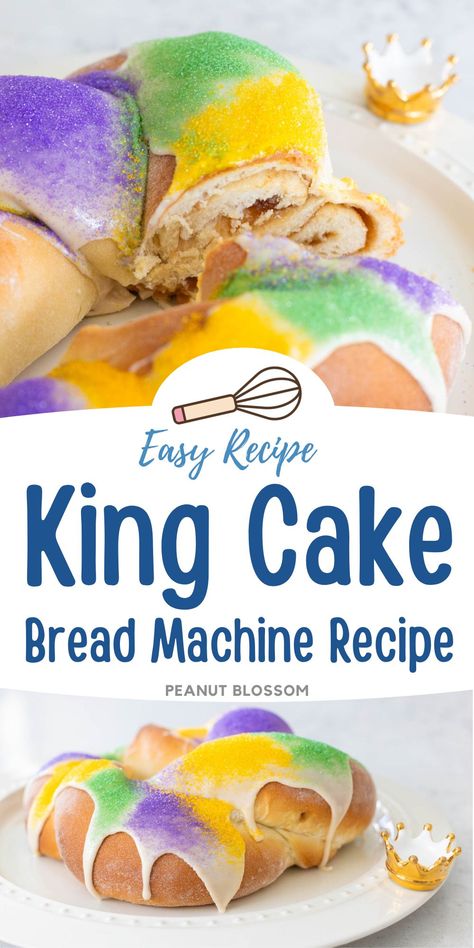 You can make this easy king cake dough in your bread machine, shape it, and bake it in the oven. With only 5 minutes of prep time to make the dough, this is such an easy Mardi Gras dessert to bring to a party. Bread Machine King Cake Recipe, Easy King Cake, Fat Tuesday Food, Easy Party Treats, Easy Dinner Side Dishes, Mardi Gras Desserts, King Cake Recipe Easy, Tuesday Recipes, King Cake Recipe