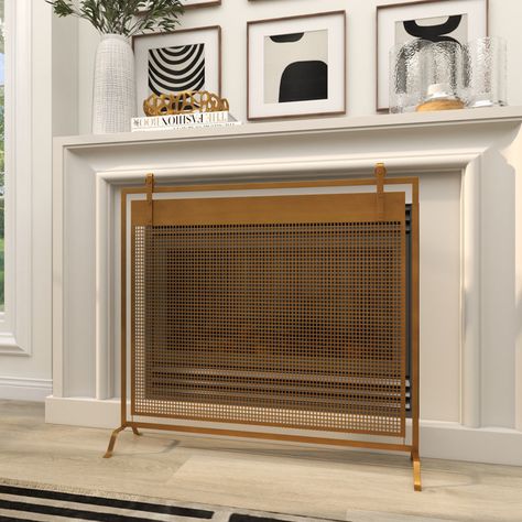 Riggio Metal Suspended Grid Style Netting Single Panel Fireplace Screen with Bolted Detailing Geometric Fireplace, Gold Fireplace Screen, Gold Fireplace, Panel Fireplace, Industrial Kitchen Lighting, Fireplace Cover, Custom Headboard, Fireplace Screen, Door Hardware Interior