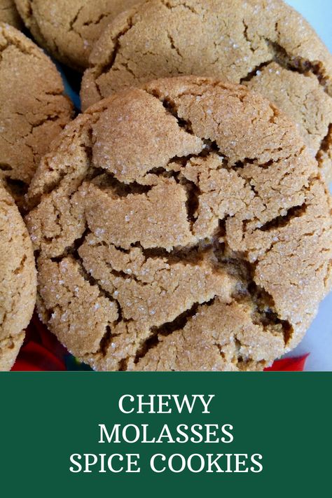 Close up of a chewy molasses spice cookie. All Spice Cookies, Soft Mollases Cookie Recipes, Chewy Mollases Cookies, Soft Mollases Cookies, Mollases Cookie Recipes, Molasses Spice Cookies, Molasses Cookies Soft Christmas, Soft And Chewy Molasses Cookies, Ginger Mollases Cookies