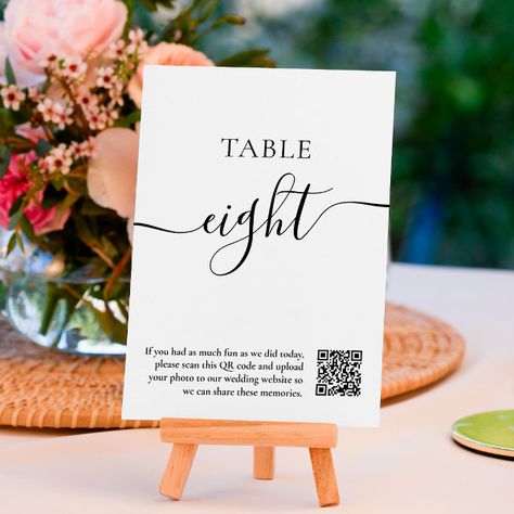 Elegant black white script wedding QR code Table Number Wedding Qr Code, Chart Ideas, Acrylic Table Number, Wedding Table Number Cards, Wedding Moodboard, Reception Photos, Wedding Table Number, Table Number Cards, Reception Table