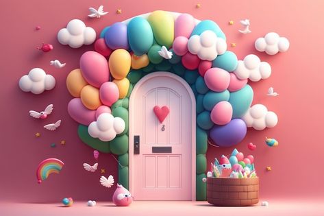 Pink Doors, Teal Balloons, 3d Balloon, Birthday Photo Album, Balloons Photography, Balloon Garland Diy, Floral Logo Design, Pink Door, Floral Logo