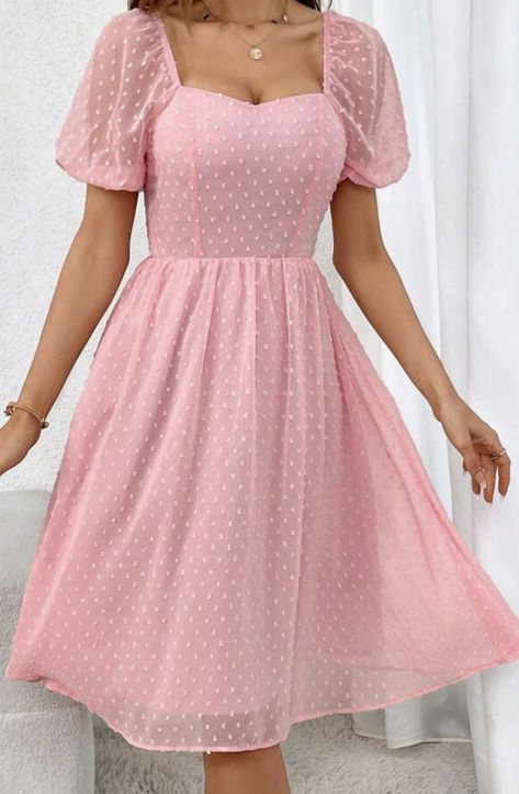 Pastel Pink Dress Casual, Pink Dress Outfit Casual, Pink Colour Dress, Pastel Pink Dress, Square Neckline Dress, Vintage Pink Dress, Baby Pink Dresses, Pink Casual Dress, Western Clothes