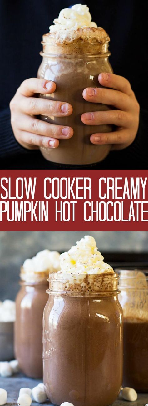 Crockpot Beverages, Hot Chocolate Crockpot, Pumpkin White Hot Chocolate, Pumpkin Hot Chocolate, Chocolate At Home, Crockpot Hot Chocolate, Slow Cooker Pumpkin, Cup Of Hot Chocolate, White Hot Chocolate