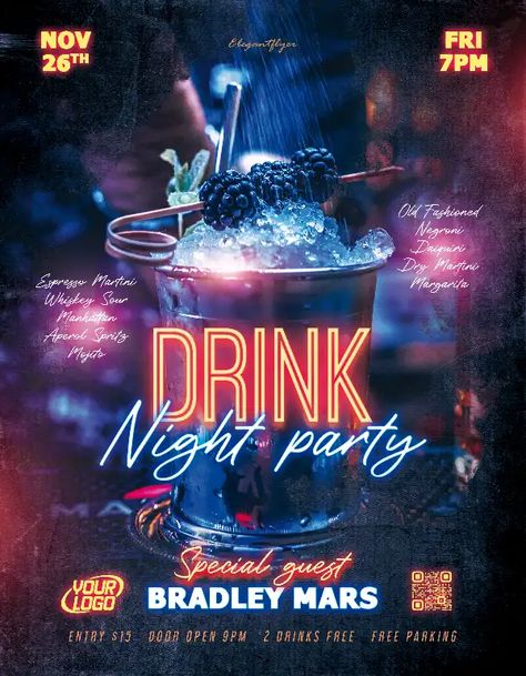 Check out the Free Drink Party Night Flyer Template for your next club and party event. FreePSDFlyer.com is the best resource full of amazing Free PSD Flyer Templates for Photoshop! Create amazing flyer, poster or social media designs with our free templates. Free Party Flyer Psd, Night Club Poster Design, Cocktail Party Poster, Cocktail Party Flyer, Night Club Poster, Party Flyer Ideas, Drink Flyer, Spritz Drink, Free Flyer Design