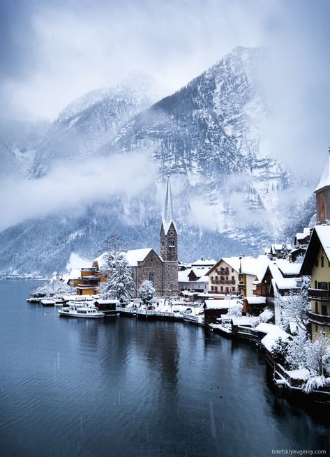 Hallstatt, Austria biletskiyevgeniy.com Hallstatt Austria Winter, Austria Snow, Village Mountain, Austria Winter, Hallstatt Austria, Hiking Places, Austrian Alps, Travel Tickets, Adventure Travel Explore