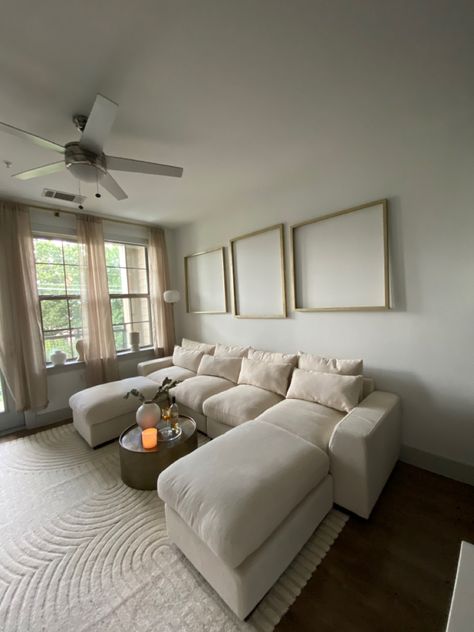 Beige Couch White Pillows, Beige L Couch Living Room Ideas, Ivory And Beige Living Room, Beige Couch And Rug, Area Rug With Beige Couch, Apartment Couch Aesthetic, Beige Couch With Rug, Living Room Rug Beige Couch, Beige Couch Dark Floors