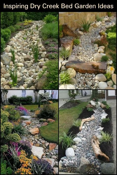 Dry Riverbed Landscaping, Bed Garden Ideas, Dry Stream, River Rock Garden, Dry Creek Bed, River Rock Landscaping, Stone Landscaping, Rock Garden Design, Creek Bed