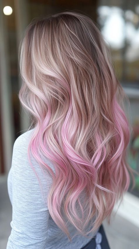 Light Pink Hair Dye Ideas, Blonde And Light Pink Hair, Light Pink Highlights In Blonde Hair, Blonde Hair Pink Tips, Pink Tips Hair, Blonde Hair With Pink Tips, Pink Hair Highlights, Highlights Subtle, Pink Hair Ideas