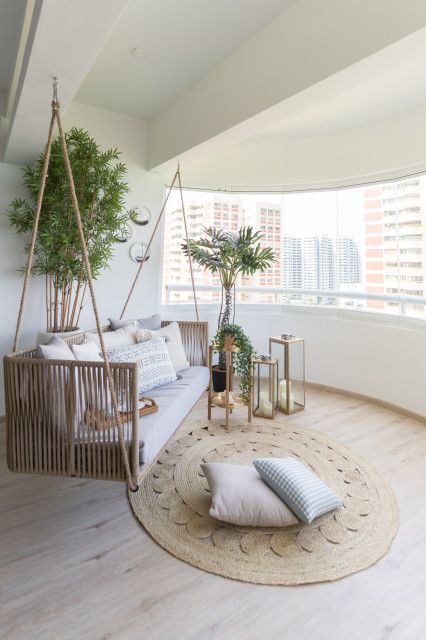 House 3 - Balcony - Singapore - by STYLEDBYPT - STYLED BY PRISCILLA TAN | Houzz Curved Balcony Ideas, Bed Facing Balcony, Balcony Workout Space, Semi Outdoor Kitchen, Covered Balcony Ideas, Balcony Nook, Minimalist Bedroom With Balcony, Japandi Balcony, Yoga Balcony