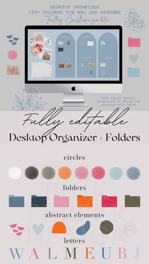 After so many request here is my newest fully editable Dekstop Wallpaper Organizer. This boho and minimalist wallpaper organizer will change the whole look of your computer or notebook. The template is fully editable with the free Canva, which is available in desktop, iPad or phone version. #dekstoporganizer #appcovers Organize Computer Desktop, Free Desktop Icons, Mac Wallpaper Desktop, Cover App, Wallpaper Organizer, Boho Fonts, I Heart Organizing, Folder Cover, Social Media Branding Design