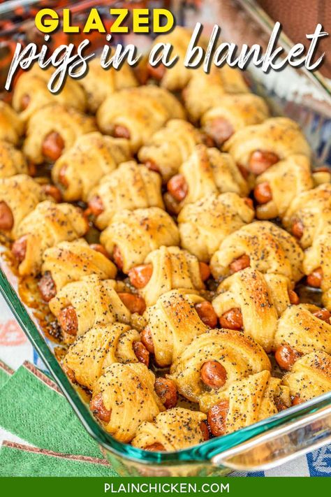 Glazed Pigs in a Blanket - pigs in a blanket baked in a sweet and savory brown sugar glaze. Took these to a party and they were gone in minutes!!! Crescent rolls, dijon mustard, little smokies, brown sugar, butter, poppy seeds and Worcestershire sauce. I have zero self-control around these things! Dangerously delicious!! A MUST for all your tailgates and parties! #tailgating #Pigsinablanket #partyfood #appetizer Small Hotdogs In Crockpot, Smoked Sausage With Apricot Preserves, Wiener Wraps Crescent Rolls, Snack Sandwiches Appetizers, Glazed Pigs In A Blanket, Tailgating Snacks, Superbowl Party Appetizers, Pigs In A Blanket Recipe, Football Friday