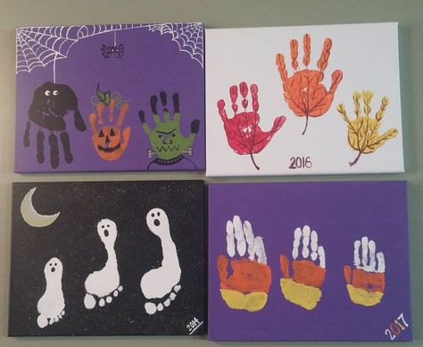 Yay! We made the candy corn handprint canvas. So cute! I love how it turned out. I think they look great hanging up together. There are so many ways to make handprint and footprint art, it is so fun. #handprintart #footprintart .  .  .  .  .  .  . #wesamandaadopt #candycorn #candycornart #adoptionplan #adoption #adopting #californiaadoption #halloween #halloweenhandprintart Halloween Canvas Paintings, Fall Crafts For Toddlers, Halloween Canvas Art, Kids Canvas Art, Halloween Crafts For Toddlers, Halloween Arts And Crafts, Handprint Craft, Footprint Art, Kids Canvas