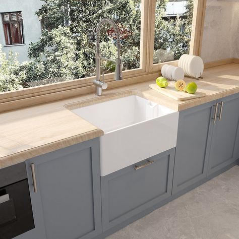 Fireclay Single Bowl Belfast Sink with Overflow - 615mm x 462mm - 46W Waste - Balterley Kitchen Sink Styling, Utility Space, House Mold, Belfast Sink, Chrome Taps, Chrome Kitchen, Butler Sink, Inset Sink, Sink Drainer