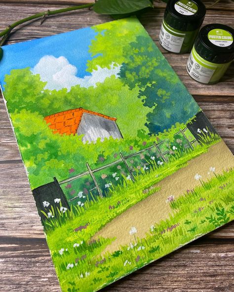 Gouache Art Landscape, Painting Studio Ghibli, Studio Ghibli Anime, Anime Landscape, Ghibli Anime, Artwork Sketchbook, Poster Color Painting, Vibrant Illustration, Painting Gouache