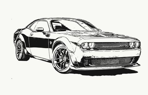 The Hell Cat Challenger Hellcat Challenger Drawing, Dodge Charger Hellcat Drawing, Dodge Car Drawing, Dodge Challenger Sketch, Hellcat Illustration, Dodge Challenger Tattoo, Dodge Challenger Art, Challenger Tattoo, Dodge Challenger Drawing