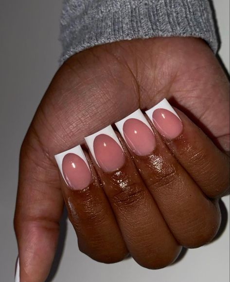 Deep French Short Nails, Simple Acrylic French Tip Nails, Duck Nails Short Pink, Duck White French Tip Nails, Pink Duck Nails French Tip, Short White French Tip Duck Nails, Duck Nails Black French, Pink Base French Nails, White French Tip With Pink Base