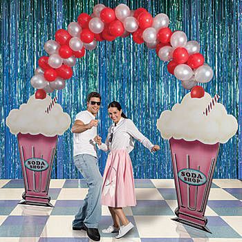 The Soda Shop Balloon Arch is perfect for entrances, photos or dance floors. Each 10' 6 Fifties Party, Grease Party, 50s Theme Parties, Sock Hop Party, Diner Party, Dance Decorations, Soda Shop, Balloon Arches, Sock Hop