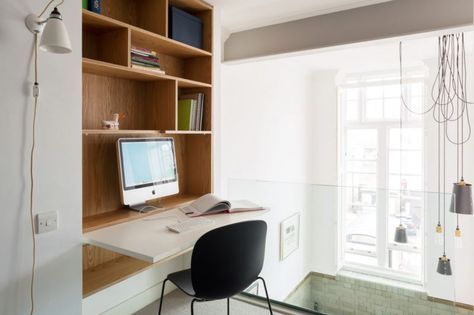 Contemporary office area with a fold-down desk Ikea Desk Closet, Space Saving Desks Workspaces, Work Stations Office Design Home, Tiny Home Desk Ideas, Drop Desk, Alcove Office, Uncommon Projects, Fold Up Desk, Home Office Shelf