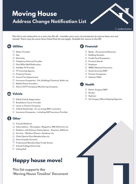 Moving House List, Moving House Checklist, Moving List, Moving House Tips, House Checklist, New Home Checklist, Address Change, Moving Checklist, Moving Packing