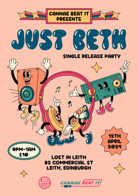 Retro Music Illustration, Fun Event Poster, Retro Cartoon Poster, Dj Cartoon, Headphones Cartoon, Cartoon Headphones, Live Music Poster, Music Character, Poster House