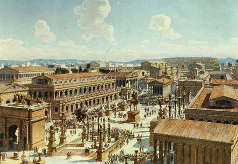 The reconstruction of the Roman Forum.  Watercolor. Roman City Concept Art, City Concept Art, Monumental Architecture, Fantasy World Map, Roman City, Roman Forum, Classical Antiquity, Roman Architecture, Roman History