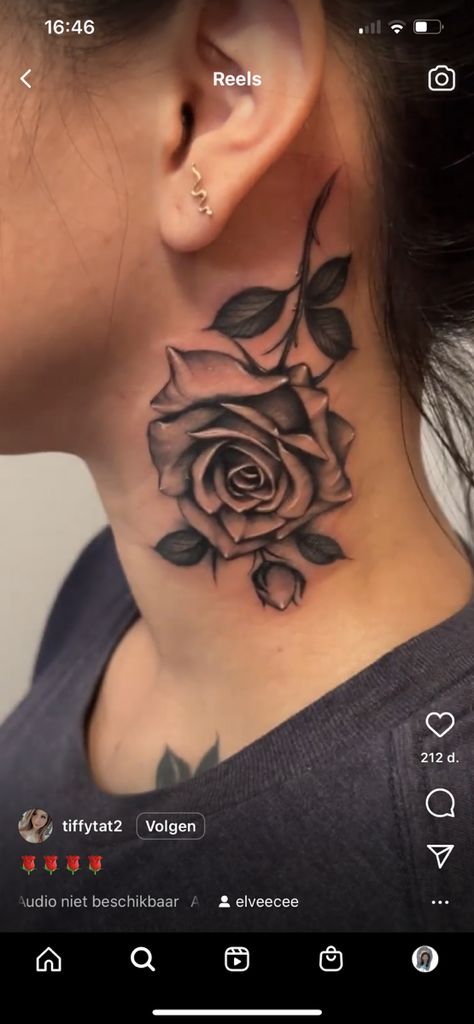 Neck Tats Women Flower, Rose Tattoo Styles, Women Front Neck Tattoo Ideas, Loyalty Neck Tattoos Women, Rose Tattoo On Neck For Women, Side Neck Tattoos Women Ideas Flower, Neck Tats Black Women, Neck Rose Tattoo For Women, Red Rose Neck Tattoo