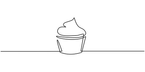 One single line drawing of sweet muffin cake. Delicious cupcake shop menu and restaurant badge concept. Cupcake Line Art, Muffin Tattoo, Cake Line Art, Muffin Drawing, Line Art Cake, Cake Tattoo, Cupcake Icon, Bakery Icon, Cupcake Painting