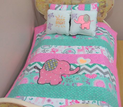 Bright Pillow, Elephant Doll, Doll Bedding, Bright Pillows, Doll Quilts, Striped Quilt, Doll Beds, Doll Quilt, Cute Elephant