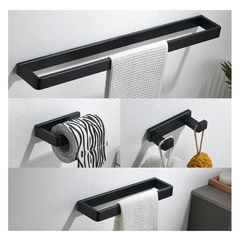 PRICES MAY VARY. 【PREMIUM MATERIAL】-The 4-piece bathroom hardware set is constructed of premium Stainless Steel that rust-free & sturdy & durable & corrosion resistant, which is suitable for humid environments such as bathroom and kitchen. 【BLACK FINISH】-Add a modern color to your house. If your background color is bright, use dark color such as matte black as link color will bring us strong visual impact. 【CLEAN & TIDY】-the 4-piece bathroom hardware kit provides easy access and display of towel Towel Bars In Bathroom Ideas, Towel Bars In Bathroom, Matte Black Bathroom Hardware, Black Bathroom Hardware, Black Shower Faucet, Modern Towel Bars, Wall Toilet, Black Bathroom Accessories, Matte Black Bathroom