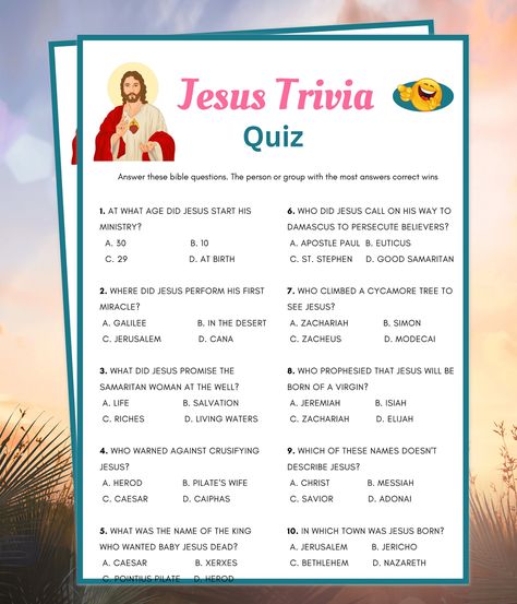 "Jesus Trivia, Trivia Questions About Jesus, Bible Games, Bible Games for Kids, Sunday School Games, Bible Study Games, Women's Ministry Games WHAT YOU GET: 1 Printable Bible Trivia Template in Size: 5 × 7\" and 8.5 x 11\"  (2 per page) 1 Answer Key Template HOW IT WORKS: After purchase, you will receive a download link where you will access your PDF files in Size: (5 × 7\") and (8.5 x 11\" - 2 per page) that you can print at home or at the printing shop. You will also receive an email from Etsy with your download(s) or feel free to log in to your account to access your downloads at any time. It is as simple as that. They print beautifully! READ THIS FIRST! --THIS IS A DIGITAL DOWNLOAD. NO PHYSICAL ITEM WILL BE SHIPPED TO YOU.  -- THESE ARE NOT EDITABLE FILES. DOWNLOAD & PRINT AS IT IS --W Bible Trivia Games For Kids, Bible Quiz Games With Answers, Bible Games For Youth Free Printables, Bible Trivia For Youth, Bible Quizzes With Answers, Bible Study Activities For Women, Bible Crossword Puzzles Free Printable, Christian Games For Youth, Bible Quiz Questions And Answers