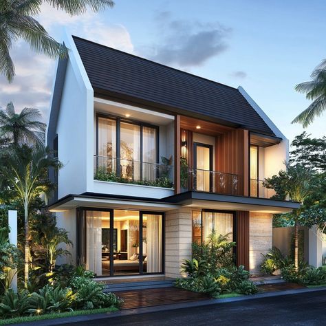 This modern duplex house showcases the beauty of simplicity, with a white facade and dark window frames enhanced by warm wooden details. The sloped roof and tropical landscaping add to the home’s inviting charm, especially under the soft evening light. #ModernSimplicity #DuplexLiving #TropicalDesign #WarmAccents #EveningCharm Tropical House Facade, Dark Window Frames, Modern Duplex House, White Facade, Dark Window, Sloped Roof, Dark Windows, Beauty Of Simplicity, House Design Exterior