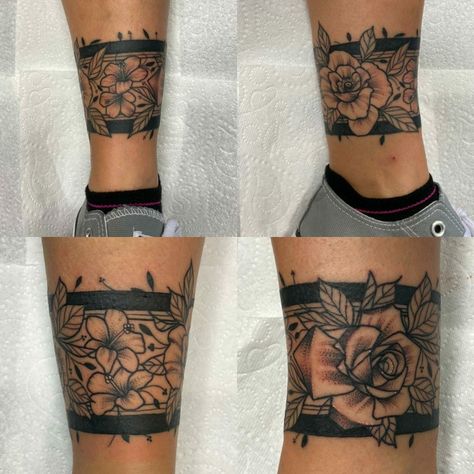 Tattoo Cover Up Ideas For Ankle, Tattoo Bands Women Leg, Around The Ankle Tattoo Wraps, Ankle Wrap Tattoo Cover Up, Womens Ankle Tattoos Cover Up, Calf Band Tattoos For Women, Cuff Tattoo Ankle, Band Tattoo With Flowers, Ankle Cuff Tattoo For Women