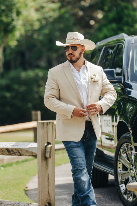 Western Mens Wedding Attire Grooms, Suit Jacket With Jeans For Men Wedding, Country Wedding Male Outfit, Jeans And Jacket Wedding Guys, Jeans And Button Up Men Outfit Wedding, Tan Blazer With Jeans Men Wedding, Summer Cowboy Wedding, Groom Attire Rustic Jeans Cowboy Boots, Country Suits Men