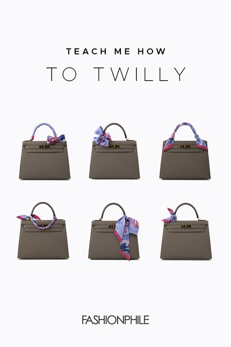 The most popular ways to tie your Twilly. Hermes Scarf On Bag, Twilly On Handbag, Twilly Scarf Ideas, Scarves On Bags, Hermes Twilly On Bag, How To Tie Twilly Scarf On Bag, Silk Scarf On Bag, Twilly On Bag, Twilly Scarf Outfit