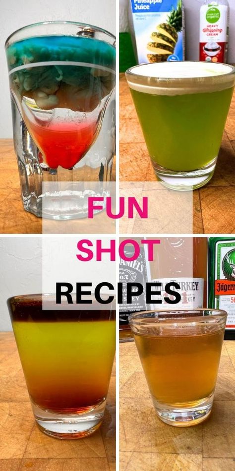 Try out a few of these over 100 fun shot recipes.  There are shot recipes for all occasions: birthday shot recipes, summer shot recipes, party shot recipes, halloween shot recipes, christmas shot recipes, fall shot recipes and so much more. Good Tasting Shots, Fall Shots Alcohol, Creative Shot Ideas, Moonshine Recipes Homemade, Easy Shot Recipes, Drink Shots, Layered Shots, Shot Party, Bomb Shots