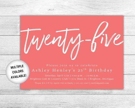 25th Birthday Invitation Printable | Coral Twenty Fifth Birthday Invitation Black and White | Printable 25th Birthday Invite | 25th by DesignsForPrint on Etsy 25th Birthday Invitation, Fifth Birthday, 29th Birthday, 19th Birthday, Shipping Envelopes, 22nd Birthday, Black Invitation, 14th Birthday, 17th Birthday