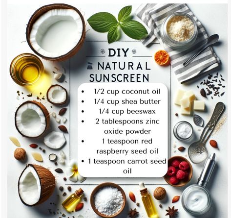 DIY Natural Sunscreen 🧴 Diy Natural Sunscreen, Natural Beauty Diy, Carrot Seed Oil, Raspberry Seed Oil, Natural Sunscreen, Red Raspberry, Diy Beauty Recipes, Natural Diy, Diy Natural Products