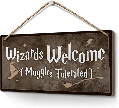 Wizardry Welcome Sign:Rustic sign reads “Wizards Welcome Muggles Tolerated ”.Funny welcome sign for home decor,front door porch kids room. Harry Potter Welcome Sign, Wizards Welcome Muggles Tolerated, Funny Welcome Signs, Harry Potter Themed Party, Wedding Outside, Welcome To Hogwarts, Bedroom Door Signs, Office Fun, Room Cute