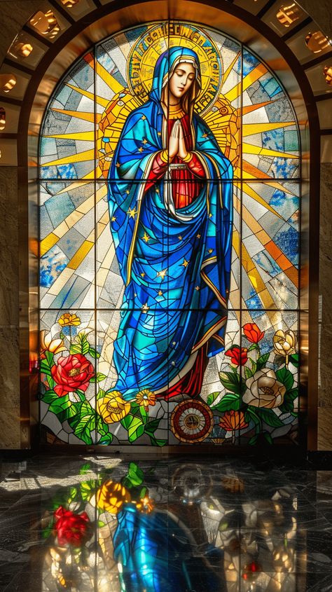 Stained glass of the Blessed Virgin Mother Mary Stained Glass Window, Stained Glass Virgin Mary, Virgin Mary Stained Glass Window, Stained Glass Mary, Nativity Of Blessed Virgin Mary, The Rosary, Lady Of Guadalupe, Nativity Of Mary, Virgin Mary Picture