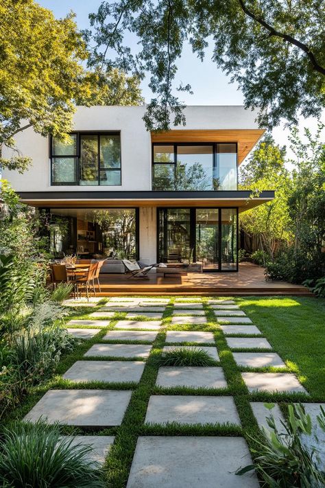 40 Modern House Yards That Do It Right Modern House Yard, 200 Sqm House Design, 200sqm House, Modern Japanese House Exterior, Residential House Design, Japanese House Exterior, Manifesting Lifestyle, Paver Path, Modern Japanese House