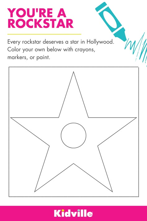 Every little rockstar of yours deserves a Hollywood star. Have your little one add their name with crayons, markers, and paint. Then, throw on some glitter for a real rockstar effect. #kidscraft #coloringpagestoprint #coloringpagesforkids Rockstar Coloring Pages, Hollywood Activities For Preschool, Diy Walk Of Fame Stars, Diy Hollywood Star, Rockstar School Theme, Broadway Crafts For Kids, Talent Show Crafts For Kids, Hollywood Theme Crafts, Rock And Roll Crafts