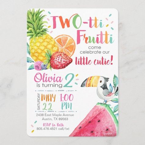 Twotti Fruitti Birthday Invitation #zazzle #weddinginvitations #birthdayinvitations #babyshowerinvitations #zazzleinvitations #monogram #businesscards #graduation #homedecor Twotti Fruitti Party, Twotti Fruitti, Twotti Fruity, Tutti Frutti Birthday Party, Summer Birthday Invitations, Fruit Birthday Party, Fruit Birthday, 2nd Birthday Party Themes, 2nd Birthday Invitations