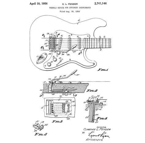 All About Tremolo | Fender Guitars Engineering Prints, Guitar Poster, Famous Guitars, Patent Art Prints, Guitar Posters, Stratocaster Guitar, Telecaster Guitar, Fender Guitar, Patent Drawing