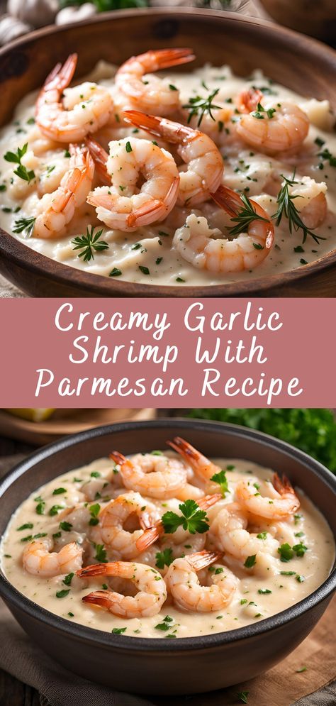 Creamy Garlic Shrimp With Parmesan Recipe | Cheff Recipes Garlic Parmesan Shrimp Recipes, Creamy Garlic Parmesan Shrimp, Creamy Garlic Shrimp Linguine, Creamy Parmesan Basil Shrimp, Creamy Garlic Shrimp Recipe, Shrimp Cream Sauce, Garlic Parmesan Shrimp, Shrimp Parmesan, Creamy Parmesan Sauce