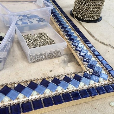 Blue, white, navy custom mosaic mirror in a geometric pattern with silver bead and ball chain accents. 24 x 30" rectangle. Will be grouted in bright white. #mosaic #mirrors #mixedmedia #custom #color… Tile Mirror Frame, Glass Mosaic Mirror, Mosaic Mirror Frame, Mosaic Tiles Crafts, Mosaic Mirrors, Mosaic Tile Mirror, Mirror Frame Diy, Mosaic Garden Art, Mosaic Frame