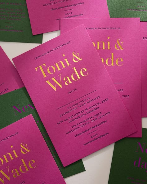 An incredible colour combination for @tonivallance___art and her partner’s invitations. Design: @hellorachelmurray Production: Foil stamped and letterpress printed on duplexed Gmund Matt Fuschia 600gsm and Woodland Shamrock 300gsm with matching envelopes assembled with a letterpress printed envelope liner Colourful Invitation Design, Art Deco Branding Design, Emerald And Fuschia, Fuchsia Wedding Colors, Pink Wedding Stationery, Bright Pink Wedding, Fuschia Wedding, Illustration Stationery, Colorful Wedding Invitations