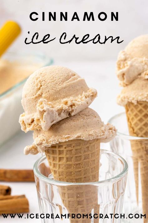 Homemade Cinnamon Ice Cream is a cold creamy treat with the warmth of cinnamon and vanilla. It's made with just a handful of ingredients, egg-free, and delicious. No Egg Ice Cream Recipe, Cinnamon Ice Cream Recipe, Cream Deserts, Freezer Treats, Ice Cream From Scratch, Frozen Deserts, Unique Ice Cream Flavors, Frozen Treats Recipes, Ice Cream Recipes Machine