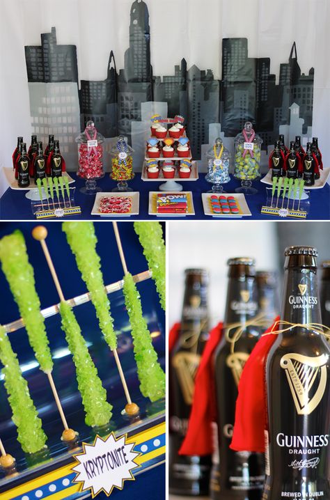 Gotham Superhero Dessert Table: love the fabric/felt capes tied onto the (beer for adults) bottles...who says grown ups can't have superhero parties?!  :) Dc Comics Party Ideas, Heroes And Villains Party, Superhero Vs Villian Party Ideas, Dc Comics Birthday Party Ideas, Heroes Vs Villains Party, Comic Superhero Party, Adult Superhero Party, Adult Halloween Party Decorations, Birthday Themes For Adults